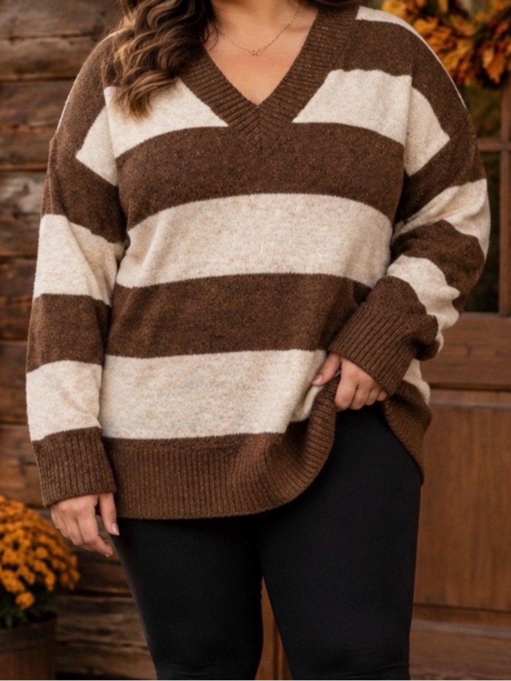 Free for All- NWT V-Neck Sweater in Brown and Cream Stripes Size XL